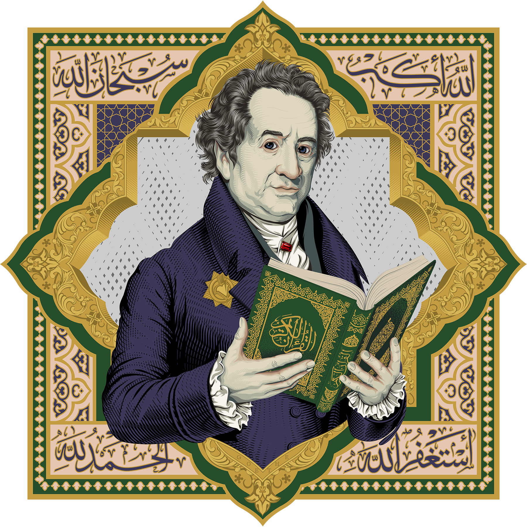 Marwan Shahin, God is Perfect (Portrait of Johann Wolfgang von Goethe) (png, 3 MB) 2024, draft for 3D Printed UV Inks on aluminum with gold chrome finish mounted on PVC Sintra © Marwan Shahin