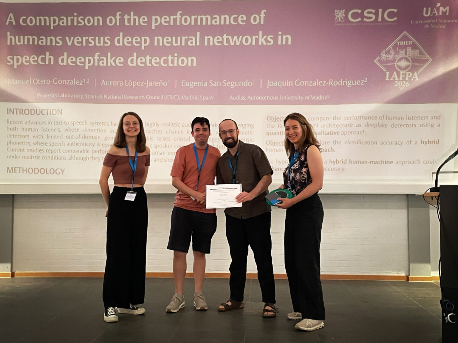 Oxford Wave Research IAFPA Best Student Acoustic/Automatic Paper award 2026.Congratulations to Manuel Otero Gonzalez (from Laboratorio de Fonética del CSIC and La Universidad Autónoma de Madrid (UAM) – Audias) for winning the Oxford Wave Research IAFPA Best Student Acoustic/Automatic Paper award in the International Association for Forensic Phonetics and Acoustics (IAFPA) 2026 conference.