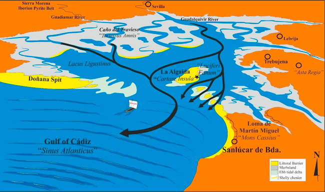 El río Tartessos (actual río Guadiamar por el Caño Travieso) y la isla de Cartare hacia el año 600 a. C. / Antonio Rodríguez-Ramírez