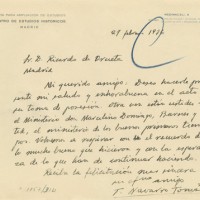Felicitación de Tomás Navarro Tomás a Ricardo Orueta (27-2-1936). (ACCHS-CSIC)