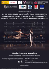 Cartel de la conferencia Conferencia "La importancia de la notación como herramienta imprescindible para el registro, reconstrucción, estudio e investigación de las obras coreográficas”