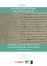 Cartel de la conferencia Conferencia «Un pequeño corpus lítico de la A.P. versus los epigramas lithiká del “nuevo” Posidipo»