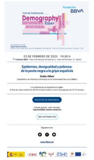 Ciclo de conferencias de la FBBVA «Demography Today»: " Epidemias, desigualdad y pobreza: de la peste negra a la gripe española" Cartel de la conferencia