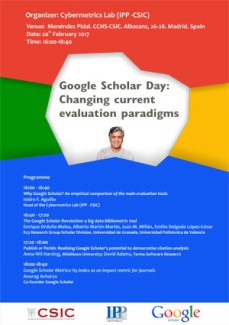 Cartel del seminario Seminario: "Google Scholar Day: Changing current evaluation paradigms"