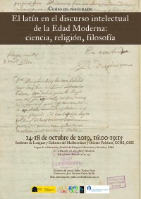 Cartel del curso Curso de posgrado "El latín en el discurso intelectual de la Edad Moderna: ciencia, religión, filosofía"