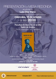 Cartel de la presentación del libro y de la mesa redonda Presentación del libro y Mesa redonda "Miedos de hoy: Leyendas urbanas y otras pesadillas de la sobremodernidad"", de Luis Díaz Viana (ILLA)