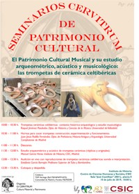 Cartel del seminario Seminarios Cervitrum de Patrimonio Cultural "El Patrimonio Cultural Musical y su estudio arqueométrico, acústico y musicológico: las trompetas de cerámica celtibéricas"