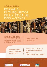 Cartel del seminario Seminario GEA (Grupo de Ética Aplicada): "Pensar el futuro: Retos de la ética de poblaciones"