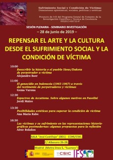 Cartel del seminario Sesión plenaria-Seminario SUFRIVIC: "Repensar el arte y la cultura desde el sufrimiento social y la condición de víctima
